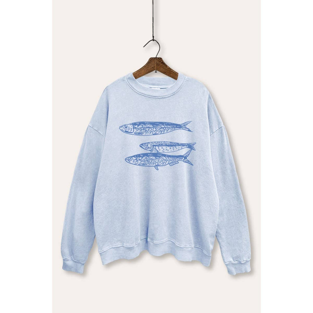 VINTAGE POINT USA - Ocean Inspired 3 Fish Graphic Mineral Wash Sweatshirt