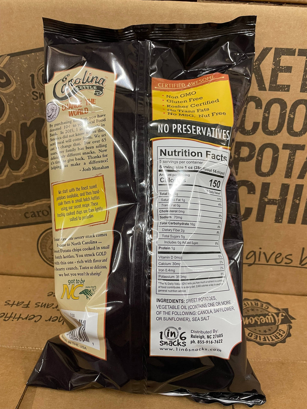 1 in 6 Snacks- Carolina Kettle chips - Sweet Potato Carolina Kettle Chip Case 5 oz