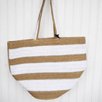 White Stripe Pure Cotton & Jute Women's Tote Bag