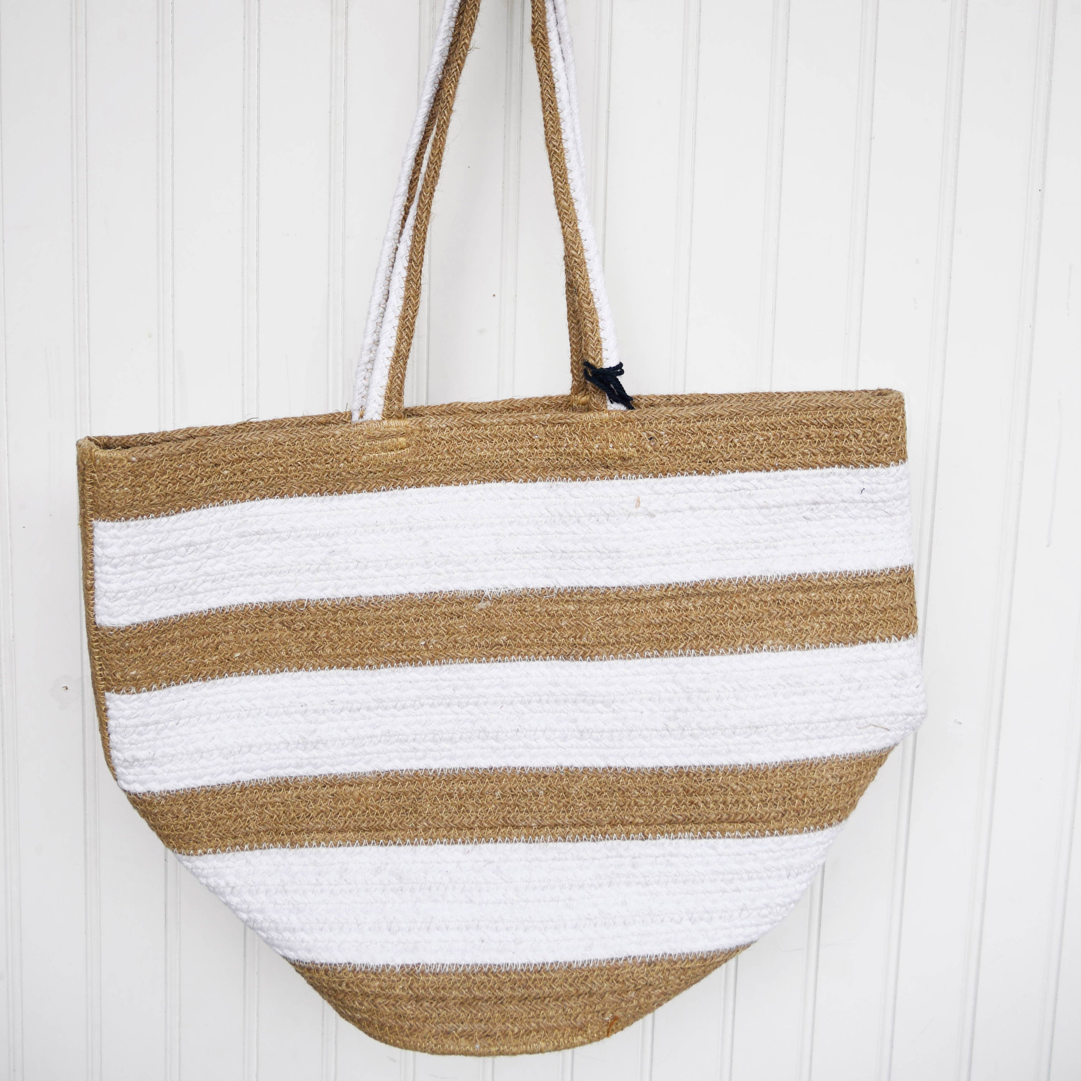 White Stripe Pure Cotton & Jute Women's Tote Bag