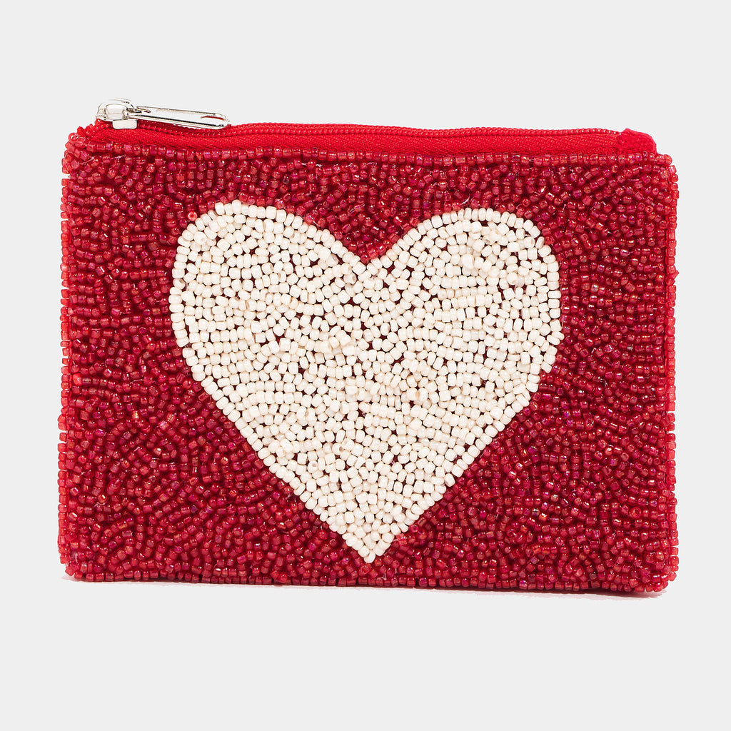 Collections by Fame Accessories - White Heart Seed Beaded Coin Purse