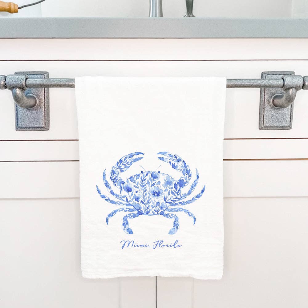 Cottage Shore - Watercolor Floral Blue Crab - Beaufort, NC Cotton Tea Towel