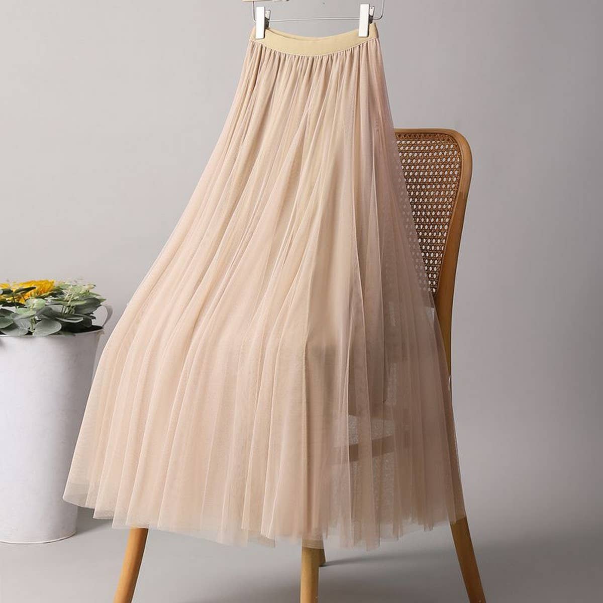 ACCITY - SOLID COLOR ELASTIC-WAIST MESH TULLE A-LINE SKIRT