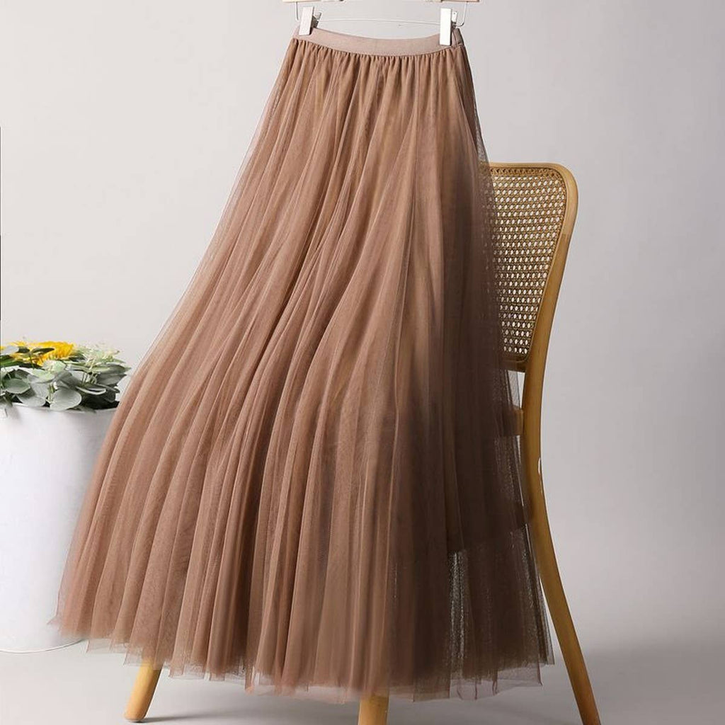 ACCITY - SOLID COLOR ELASTIC-WAIST MESH TULLE A-LINE SKIRT