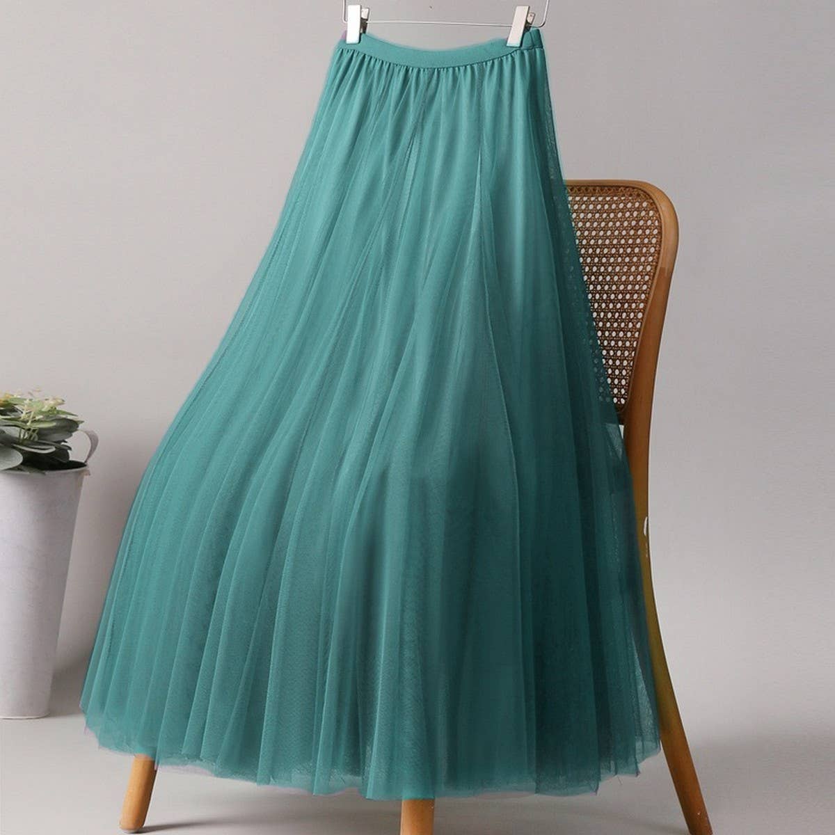 ACCITY - SOLID COLOR ELASTIC-WAIST MESH TULLE A-LINE SKIRT