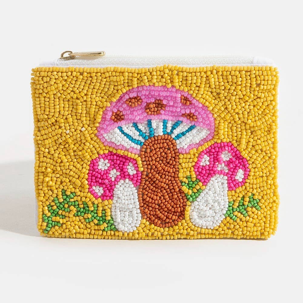 Collections by Fame Accessories - Vibrant Mushrooms Seed Beaded Coin Purse