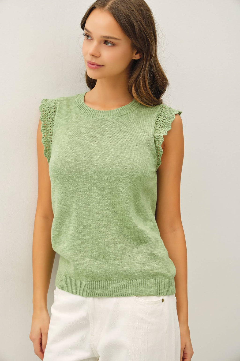 Be Cool - CROCHET RUFFLE CAP SLEEVE SLUBBED SWEATER TOP