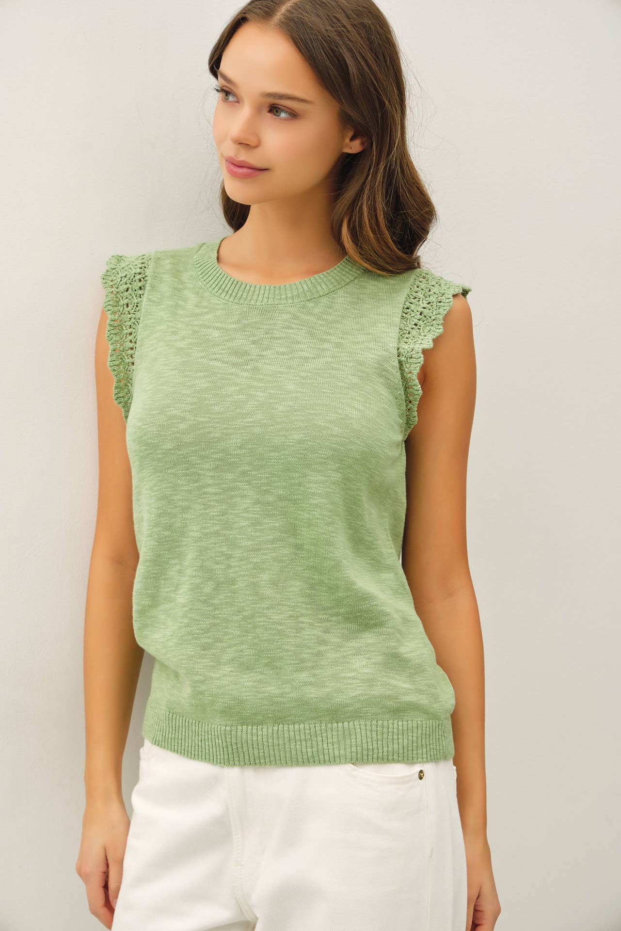 Be Cool - CROCHET RUFFLE CAP SLEEVE SLUBBED SWEATER TOP