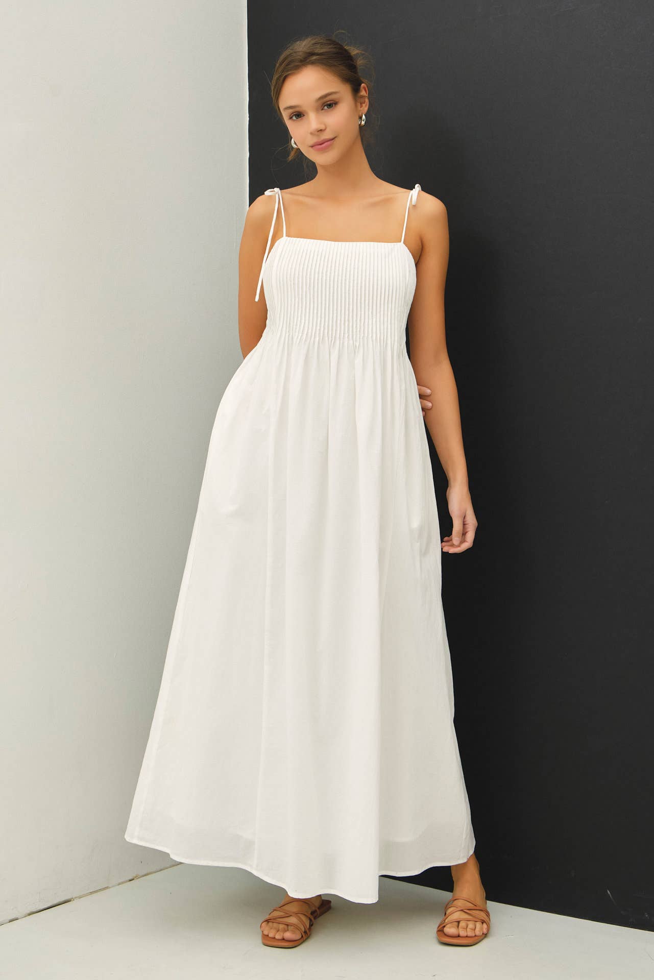 Be Cool - COTTON PINTUCK BODICE W TIE STRAP MAXI DRESS