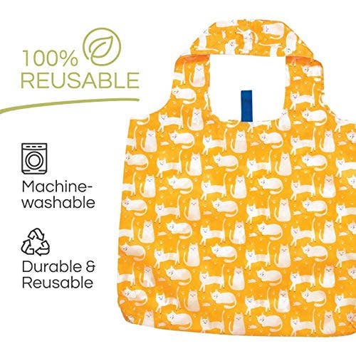 rockflowerpaper - KITTY CATS YELLOW blu Bag Reusable Shopper Tote