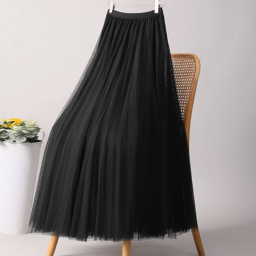 ACCITY - SOLID COLOR ELASTIC-WAIST MESH TULLE A-LINE SKIRT