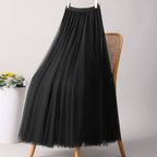 ACCITY - SOLID COLOR ELASTIC-WAIST MESH TULLE A-LINE SKIRT