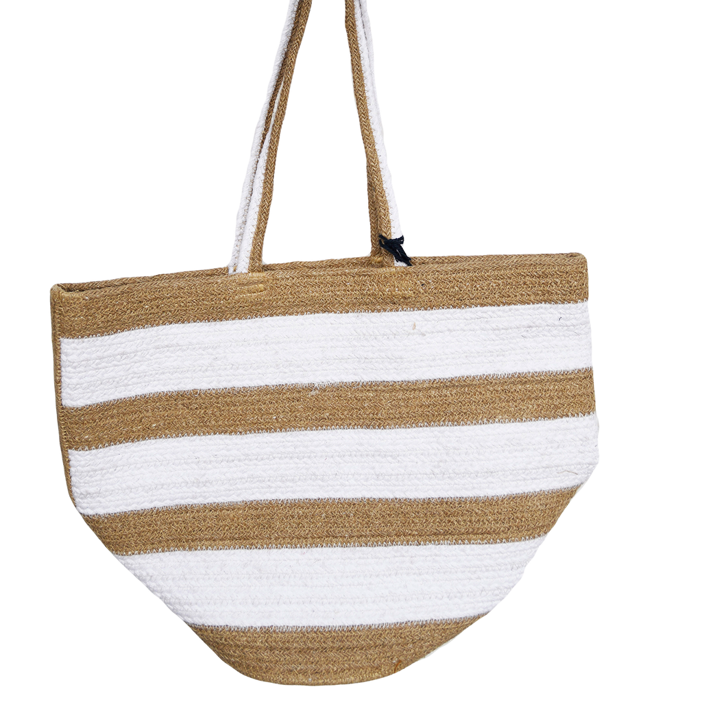 White Stripe Pure Cotton & Jute Women's Tote Bag