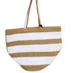 White Stripe Pure Cotton & Jute Women's Tote Bag