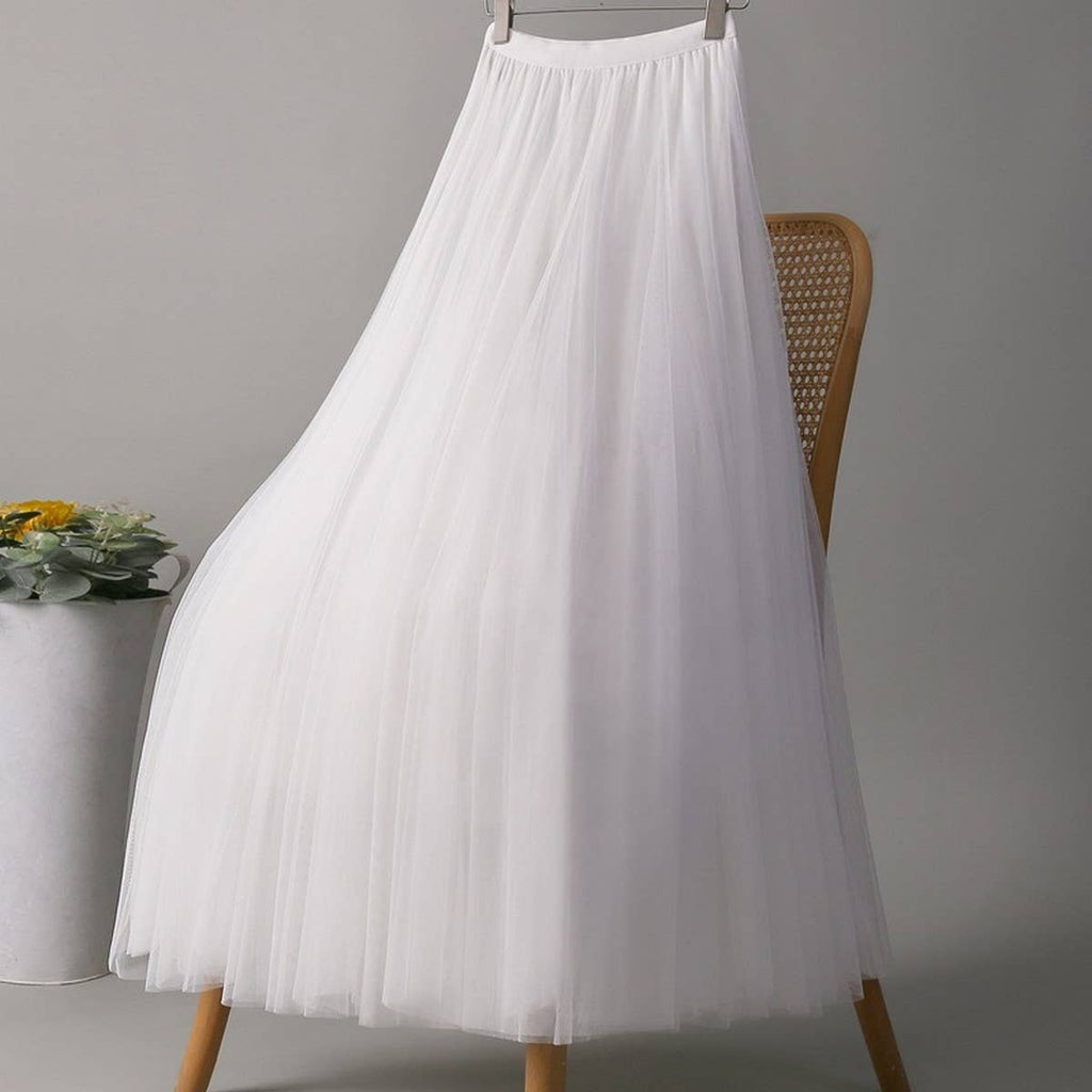 ACCITY - SOLID COLOR ELASTIC-WAIST MESH TULLE A-LINE SKIRT