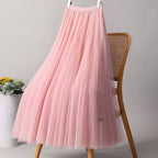 ACCITY - SOLID COLOR ELASTIC-WAIST MESH TULLE A-LINE SKIRT