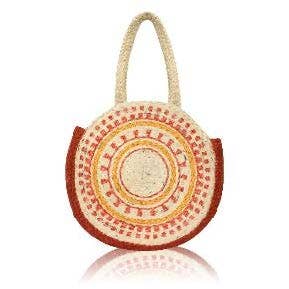 Chloe & Lex - Orange Red Yellow Patterned Round Pure Jute Tote for Women