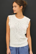 Be Cool - CROCHET RUFFLE CAP SLEEVE SLUBBED SWEATER TOP