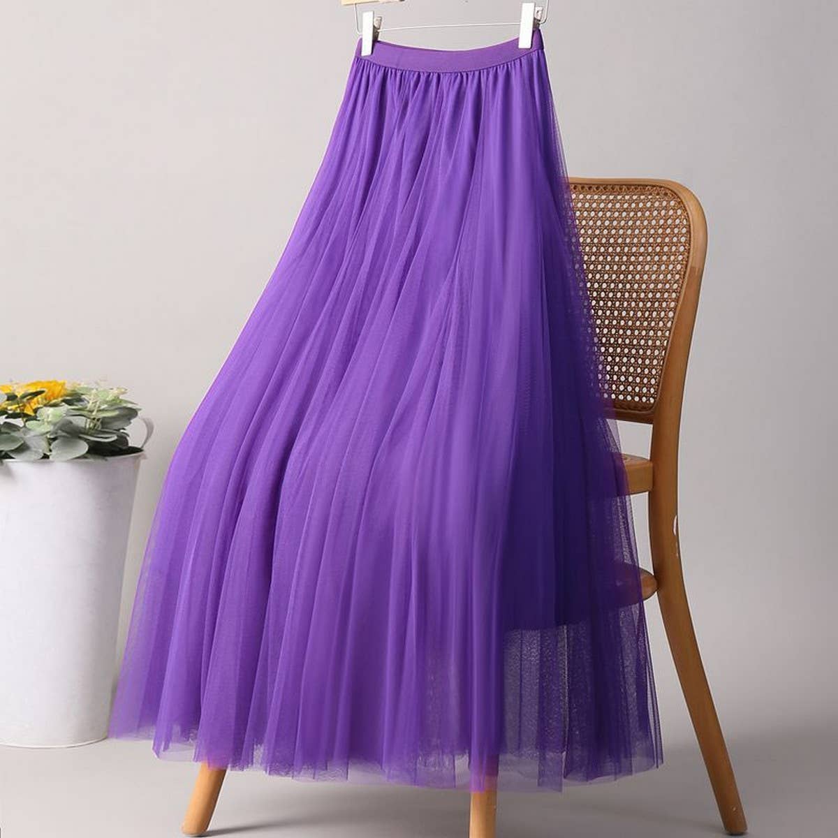 ACCITY - SOLID COLOR ELASTIC-WAIST MESH TULLE A-LINE SKIRT