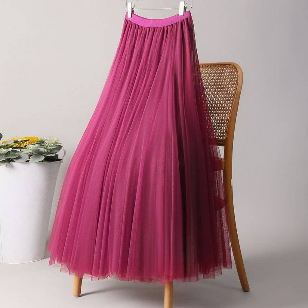 ACCITY - SOLID COLOR ELASTIC-WAIST MESH TULLE A-LINE SKIRT